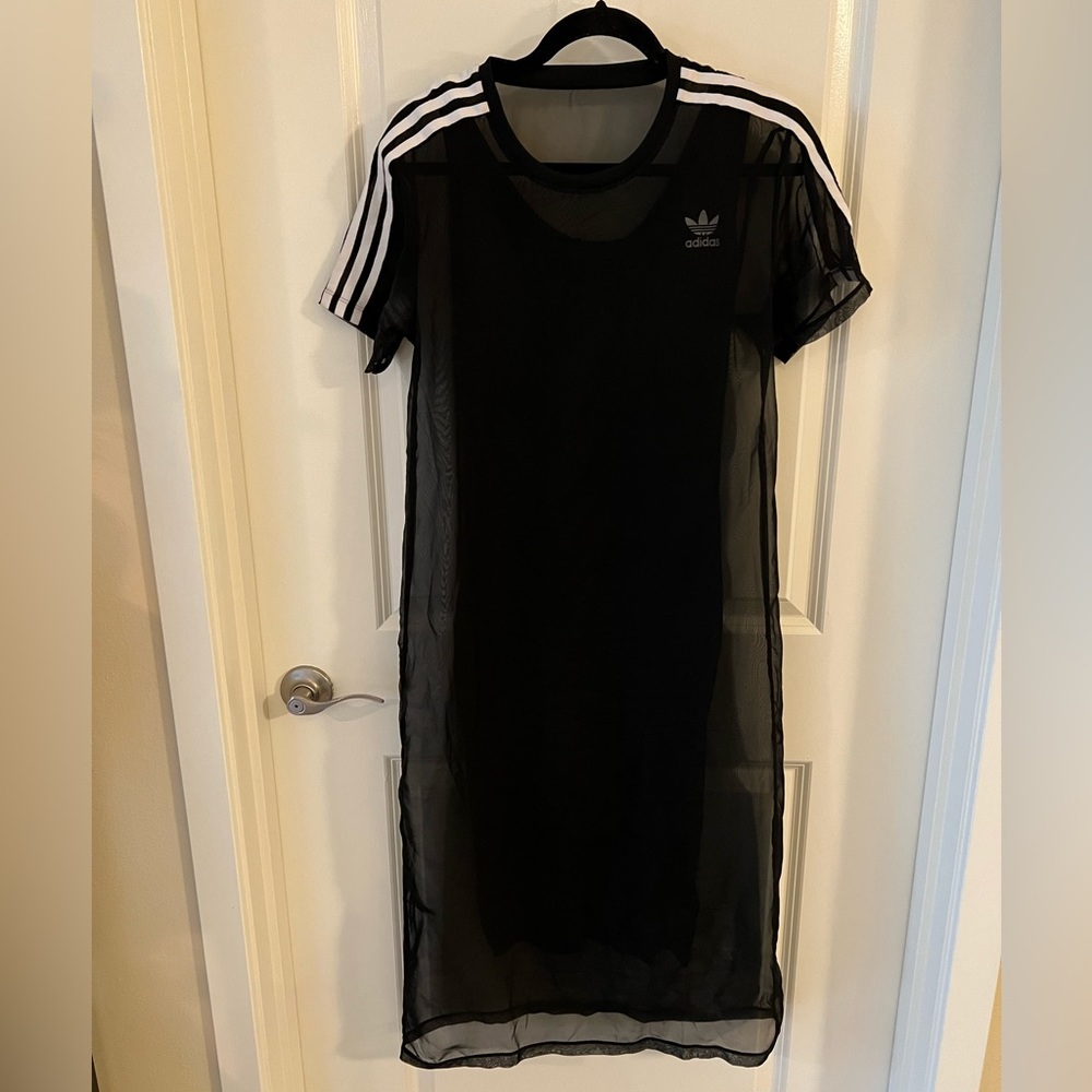Adidas Originals Black Midi Dress with Sheer Mesh Overlay